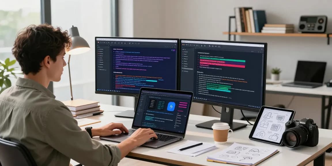 Content creator utilizing AI writing tools in a modern office setup with dual monitors and creative workspace.