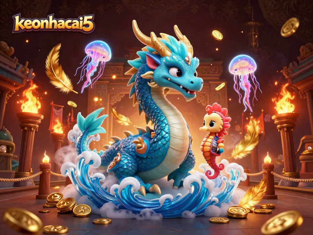 Bet using keonhacai5 with the azure water dragon and seahorse knight in a vibrant casino scene.
