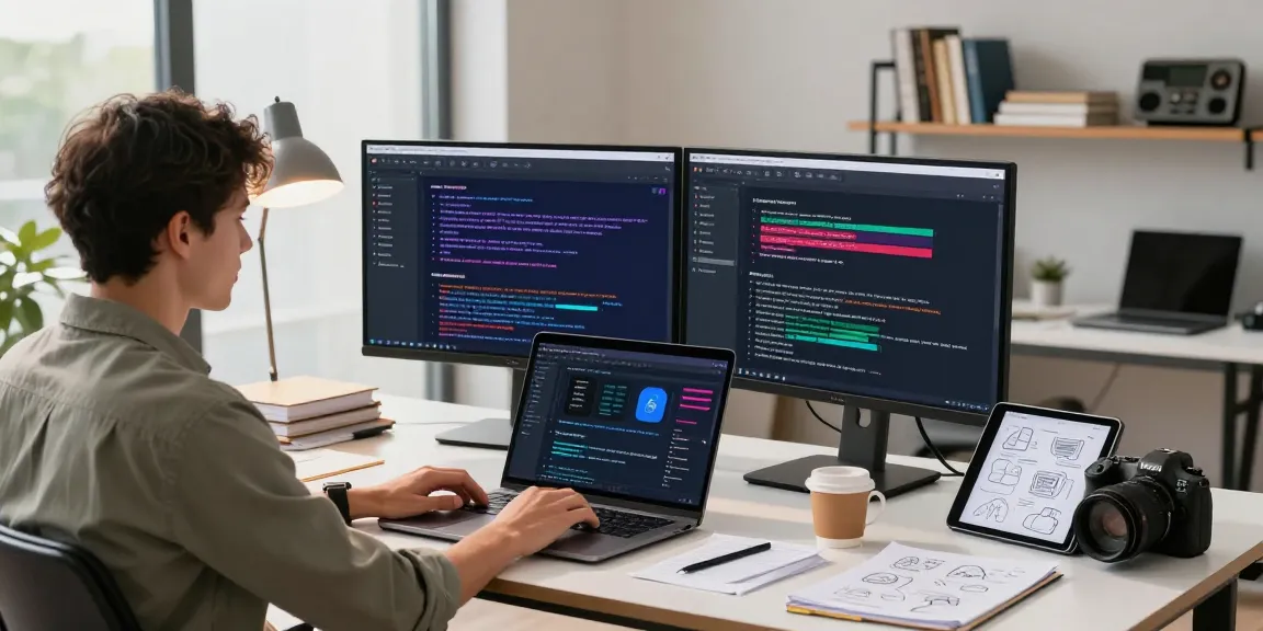 Content creator utilizing AI writing tools in a modern office setup with dual monitors and creative workspace.