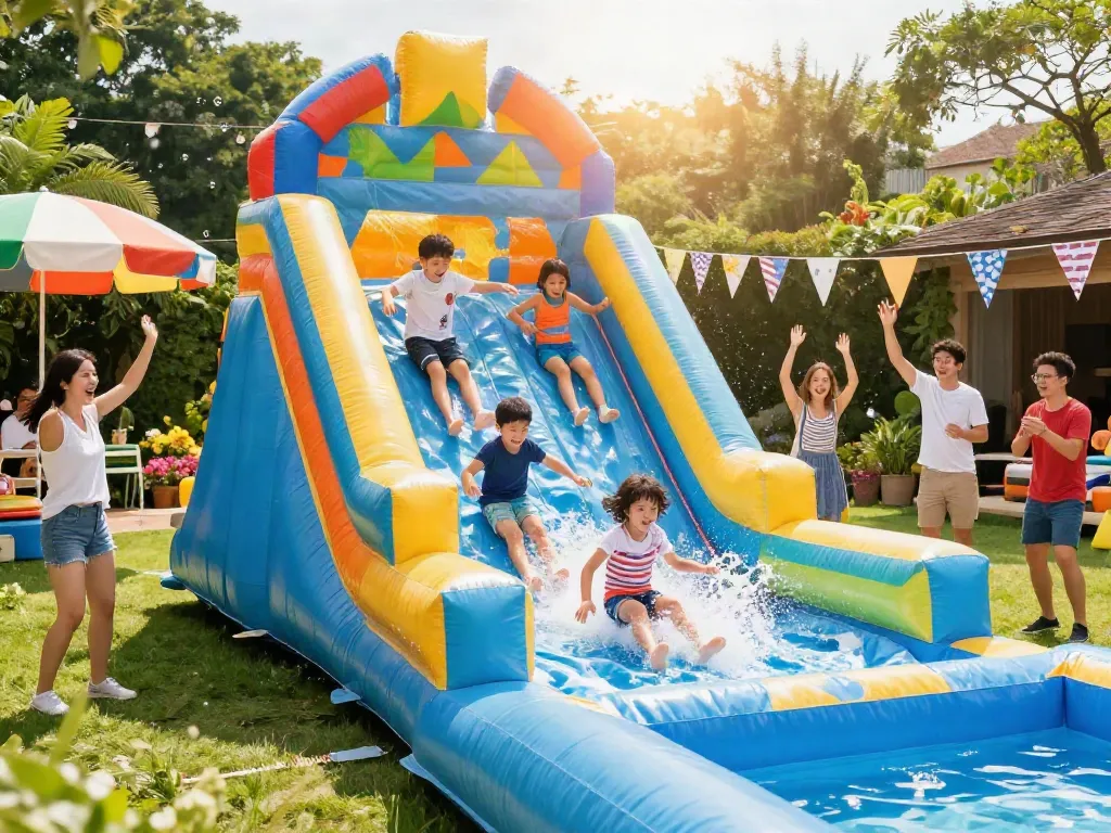 Children having fun on a bright inflatable water slide during a summer party.