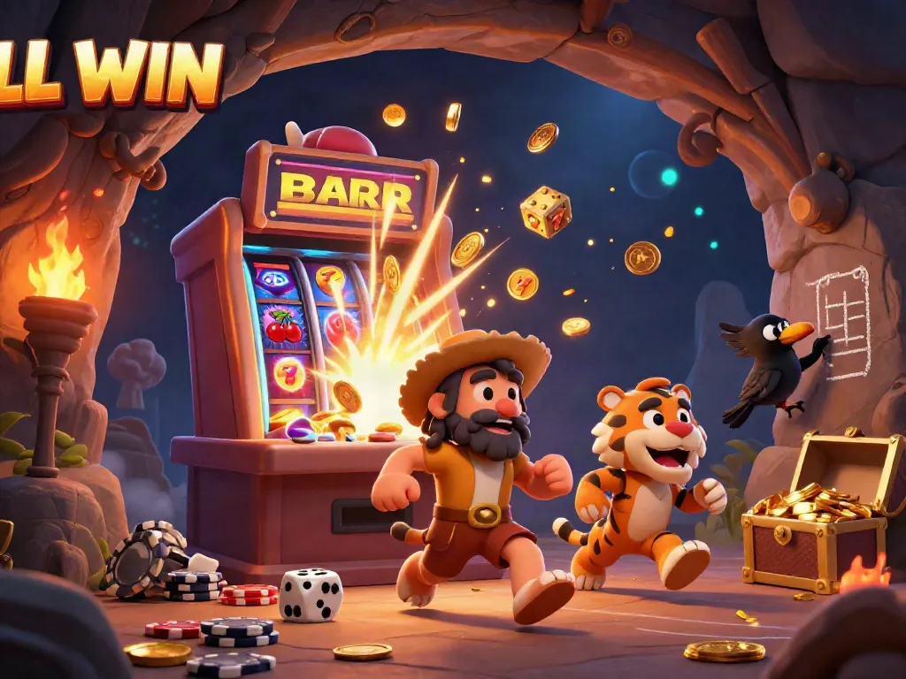 Experience LL WIN with a dynamic 3D illustration of caveman and sabertooth tiger running a casino adventure.