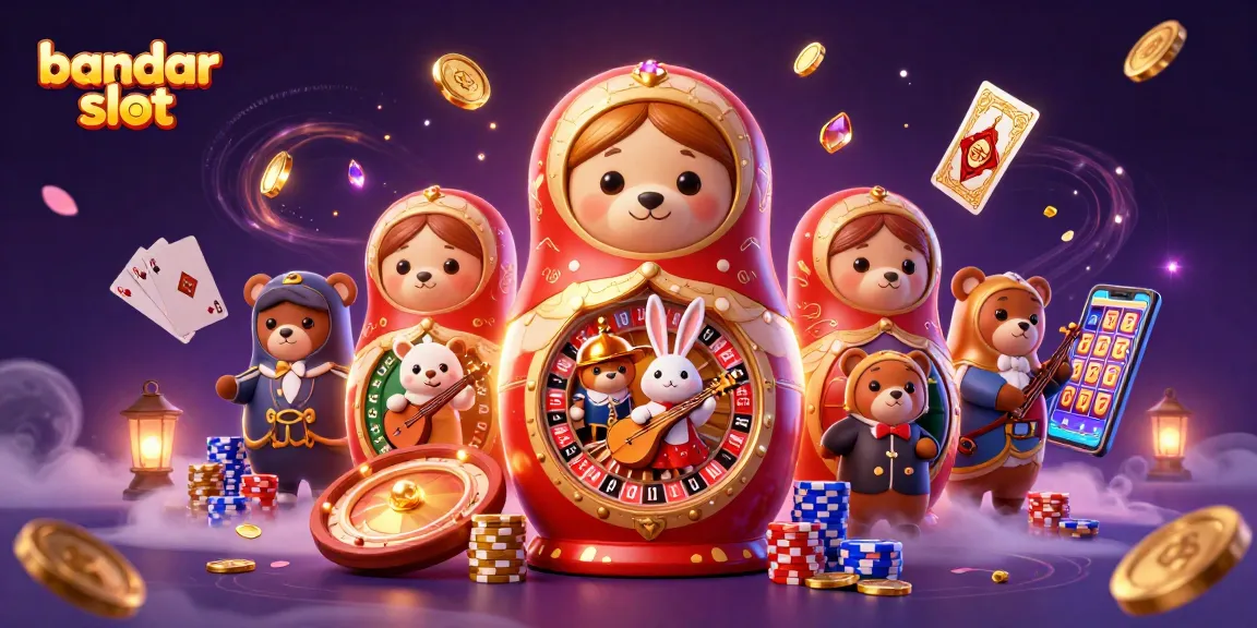 Experience excitement at bandar slot with a colorful scene filled with charming characters and casino elements.