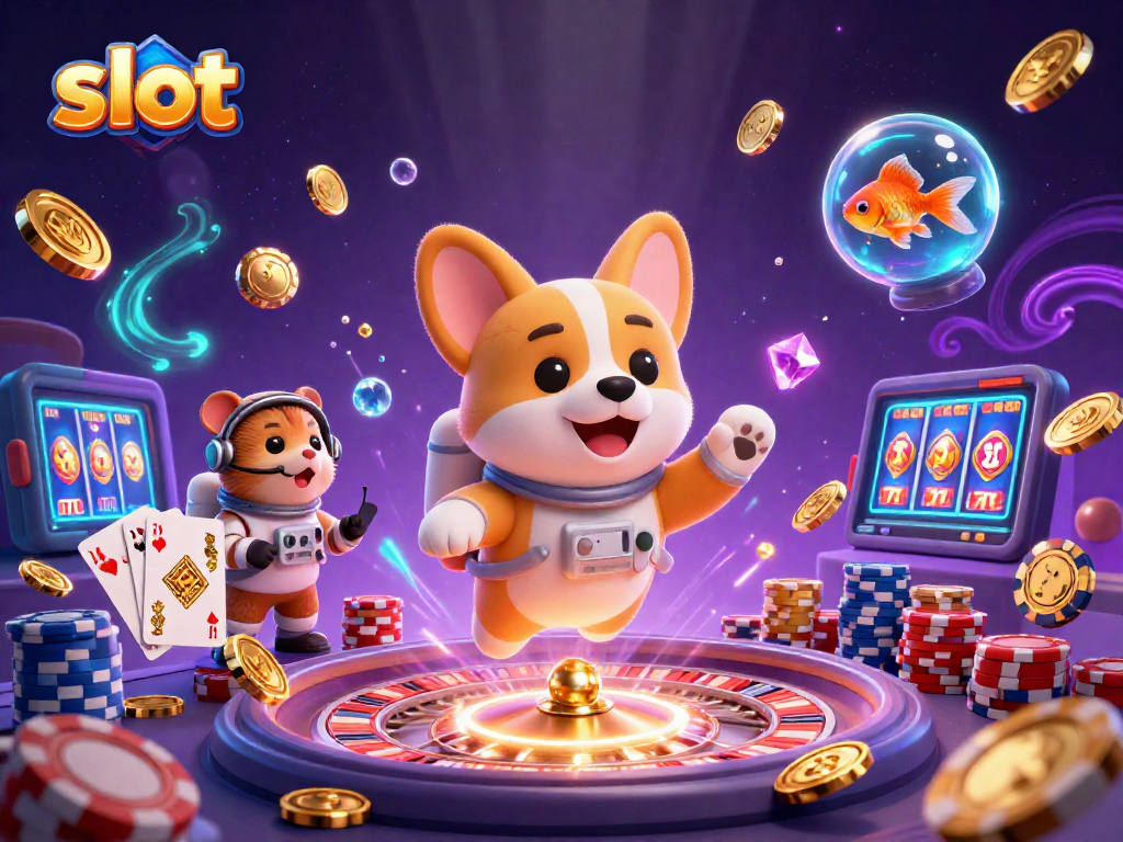 Experience thrilling slot gameplay in a cosmic casino with floating lucky slot symbols.