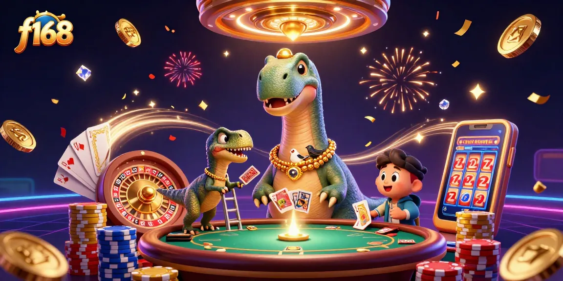 Experience the thrill of f168 gaming with a vibrant casino scene featuring animated dinosaurs.