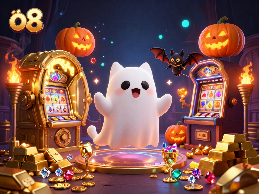Engage with o8's vibrant gaming world featuring a friendly ghost cat in a haunted casino.