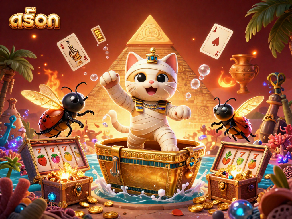 Experience exciting สล็อต gameplay with dynamic visuals of Egyptian characters, slot elements, and treasures.