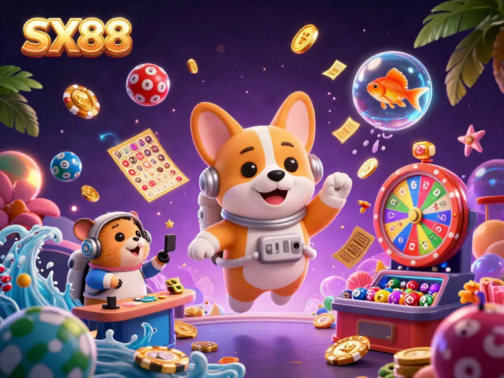 SX88 lottery scene with corgi astronaut in zero gravity, vibrant colors, and playful elements.