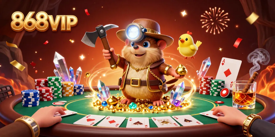 Engage with 868VIP as a treasure hunter mole discovers riches in a vibrant casino setting.