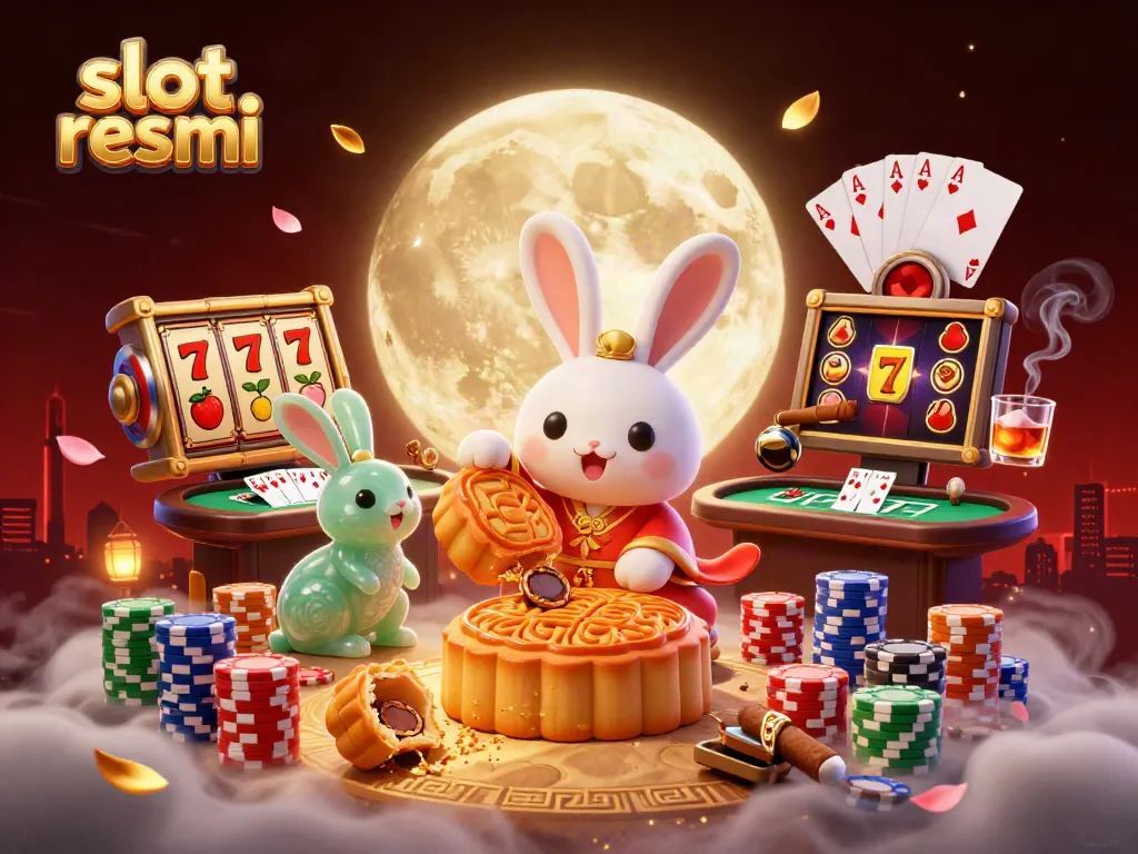 Engaging illustration of slot resmi featuring a moon rabbit revealing poker chips while surrounded by vibrant gaming elements.