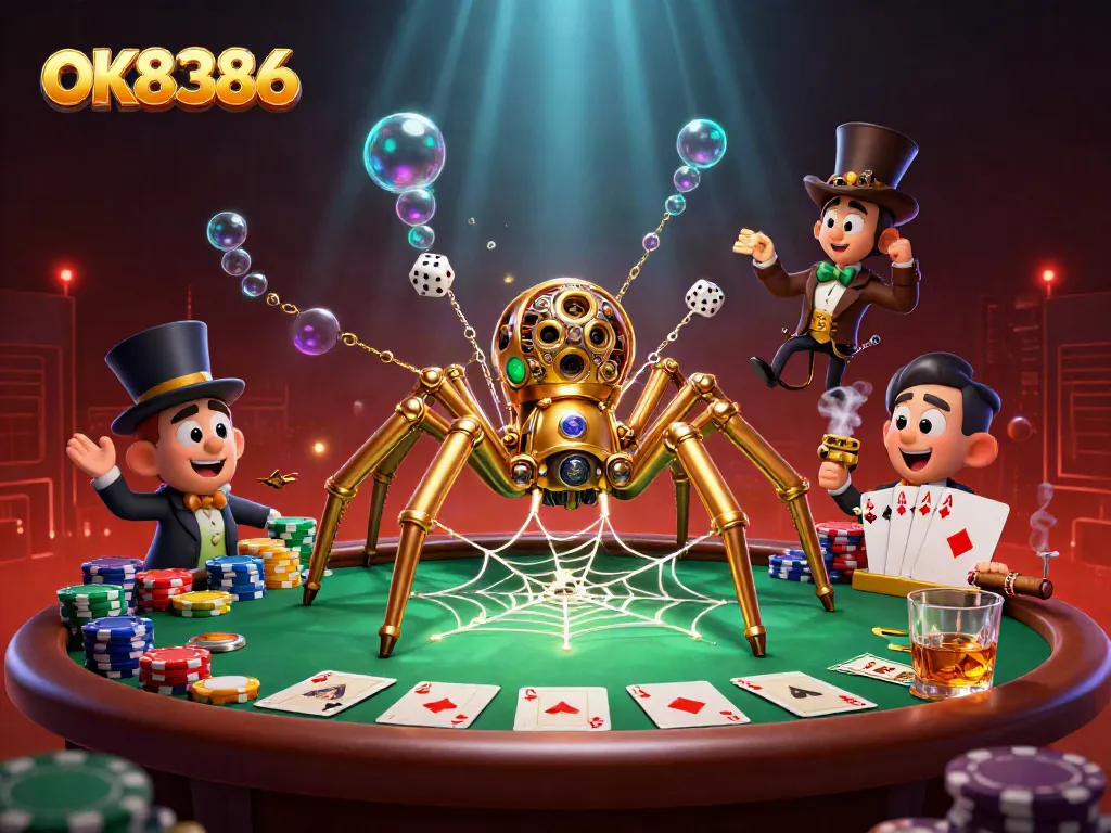 Experience strategic wins at OK8386 casino, featuring steampunk spider and poker elements.