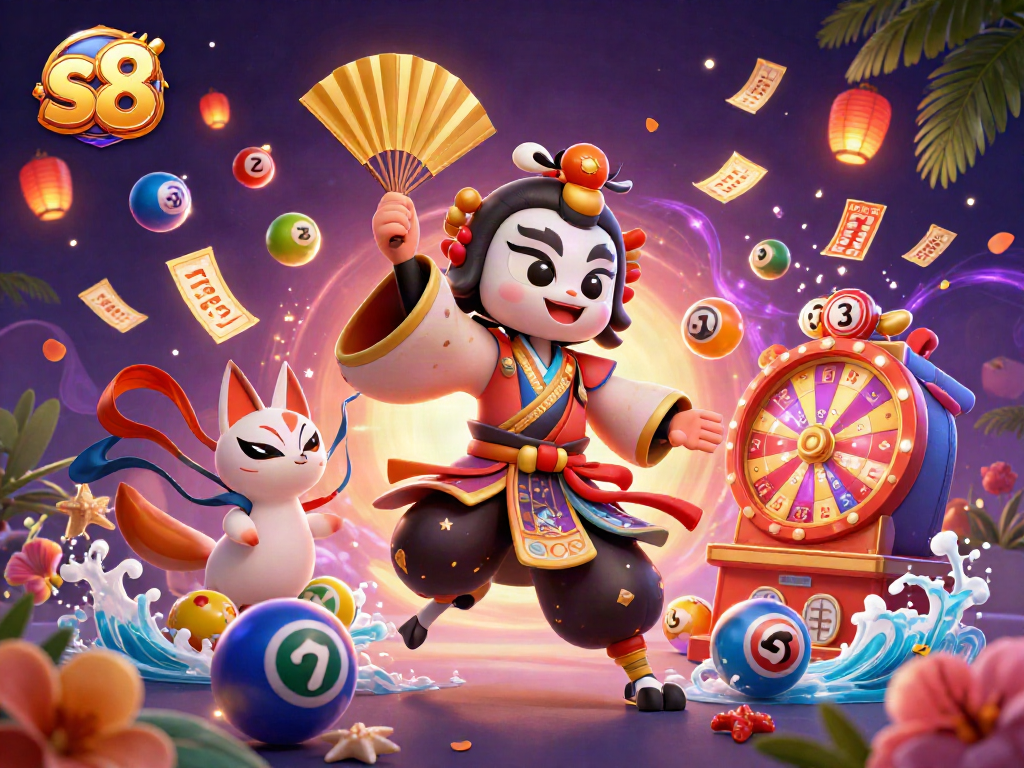 S8 lottery balls and characters illustrating top casino gaming excitement in a vibrant 3D scene.