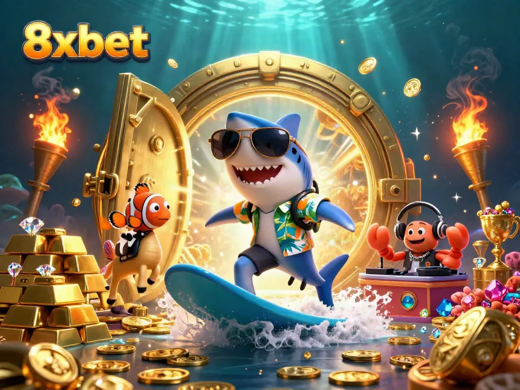 8xbet features a vibrant underwater casino scene with a shark and clownfish celebrating fortune.