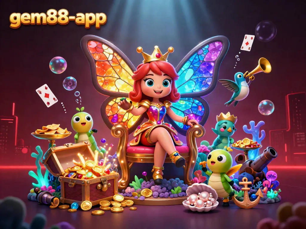 Engage with gem88-app's vibrant casino experience featuring a dazzling butterfly queen in a rich 3D scene.