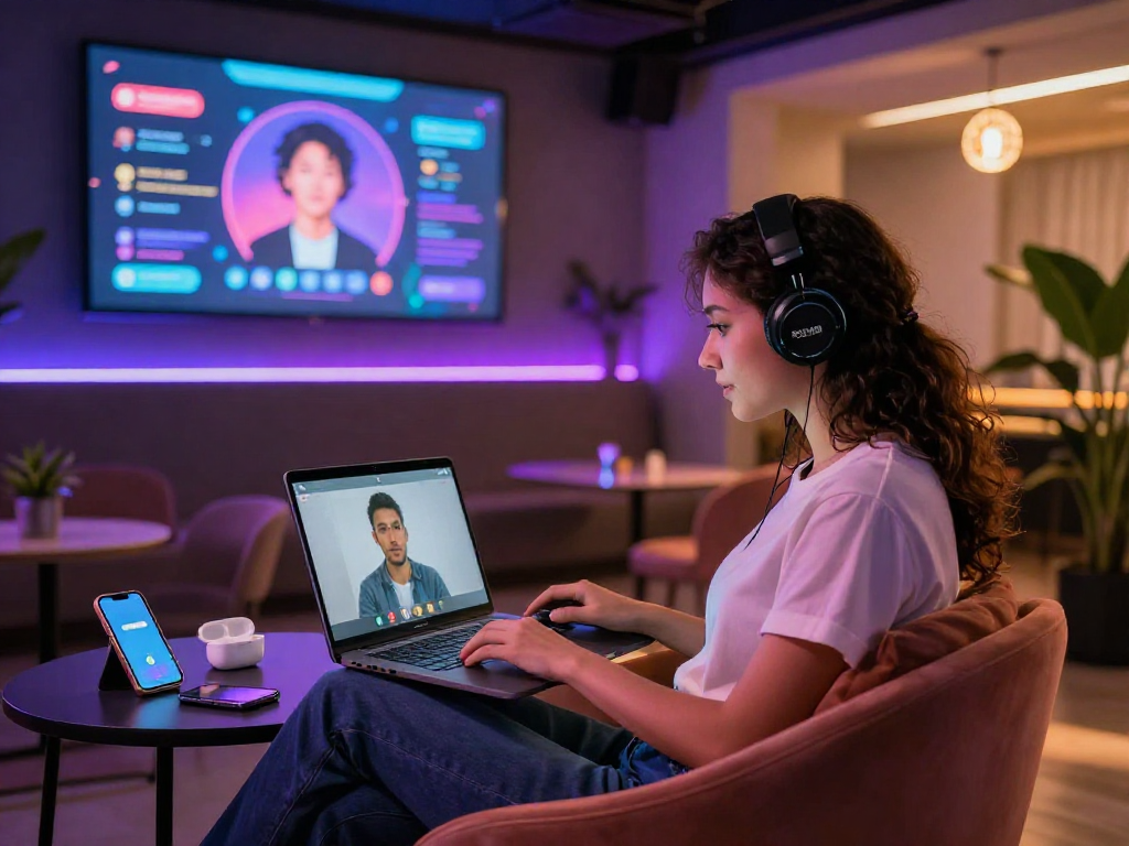 Engaging in AI sex chat on a laptop in a cozy digital lounge with vibrant lighting.