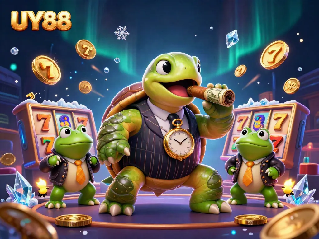 Experience the vibrant atmosphere of UY88's gaming world with a cartoon turtle mobster and slot elements.