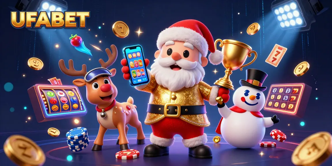 Play exciting slot games with UFABET featuring Santa and friends in a vibrant casino setting.