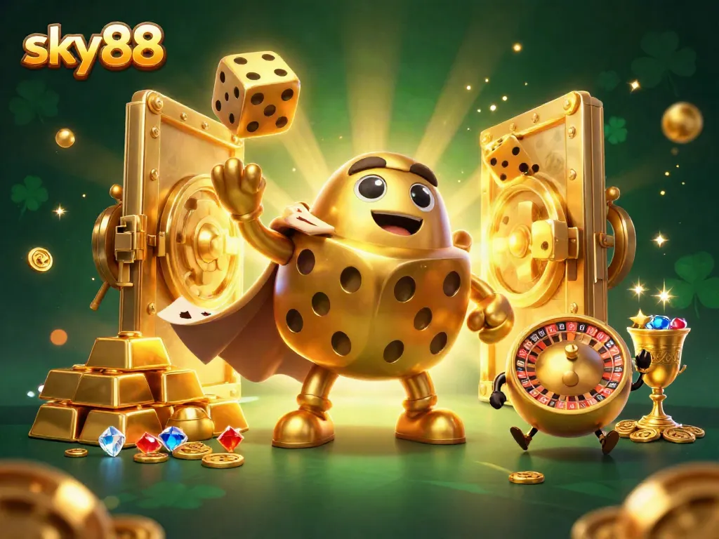 Winning strategies at sky88 casino illustrated with vibrant 3D characters and elements.