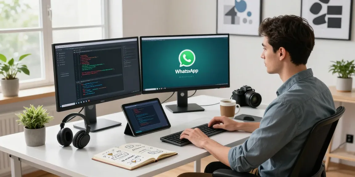 Developer focused on WhatsApp下載 interface at a modern tech workspace.