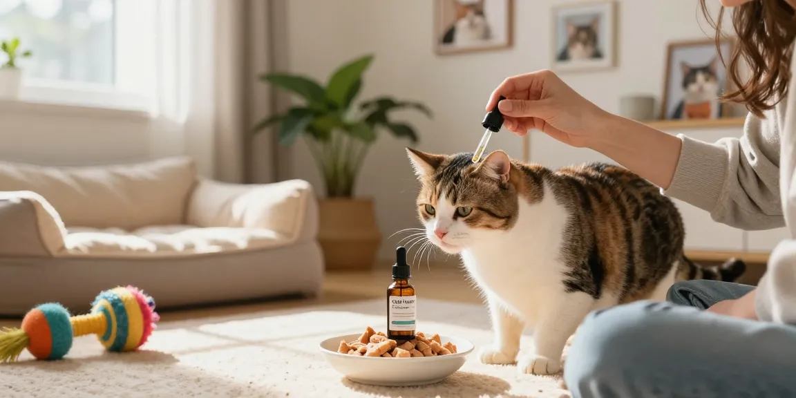 CBD North cbd oil for cats being administered to a playful cat in a cozy home setting, showcasing pet wellness.