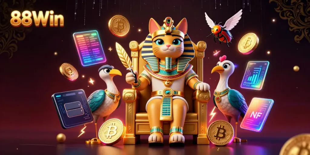 Engage in exciting gameplay with 88Win at the vibrant casino, featuring unique characters and crypto elements.