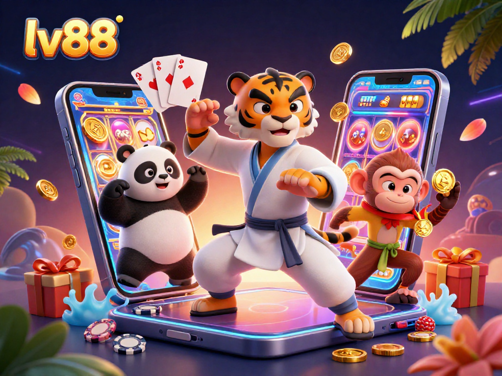 Win big at lv88 with colorful slot games and dynamic fun in this vibrant 3D illustration.