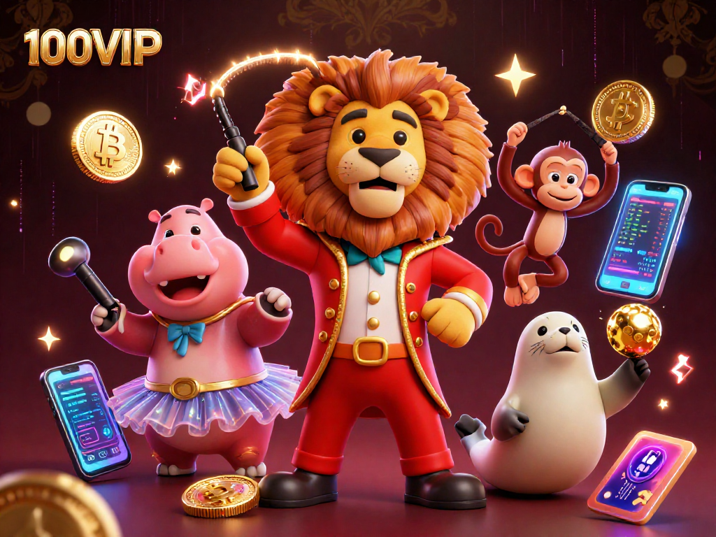Engage in thrilling adventures at 100VIP with a vibrant 3D circus scene showcasing lively characters and casino elements.