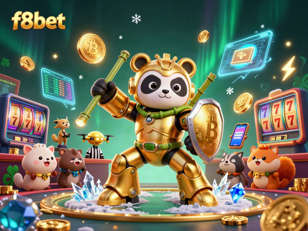 Experience the thrill of f8bet with a vibrant 3D casino scene featuring a mech-suit panda and crypto elements.