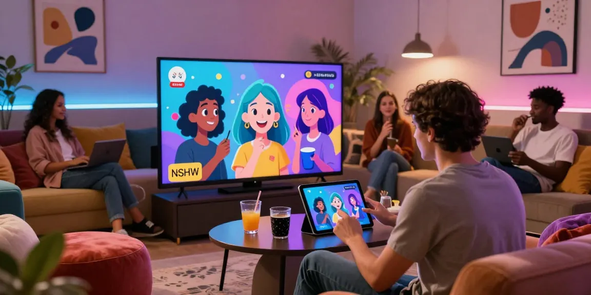 Dynamic NSFW chat interaction in a cozy virtual lounge, showcasing vibrant AI avatars and relaxed atmosphere.