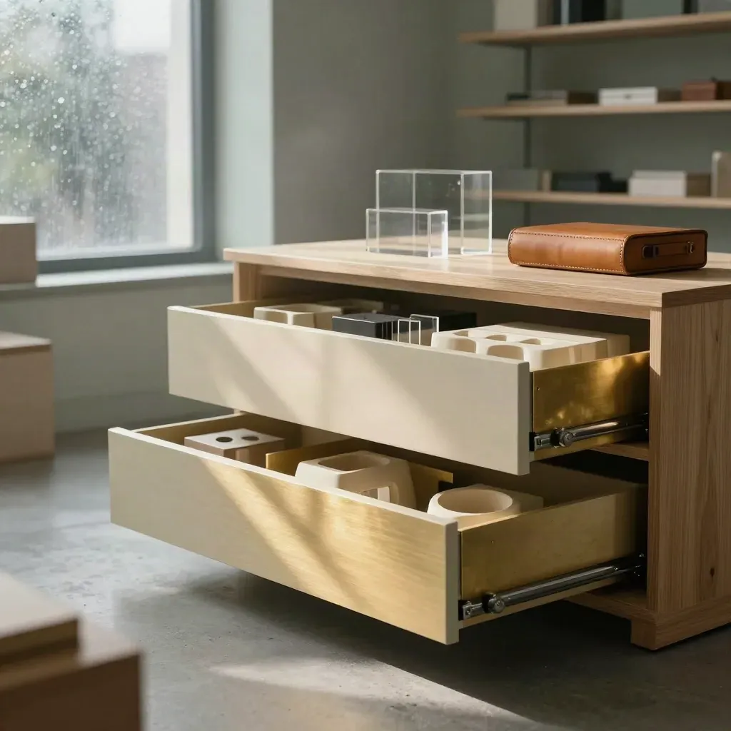 Open archive drawer with valuation materials in a London studio, lit by soft morning rain light