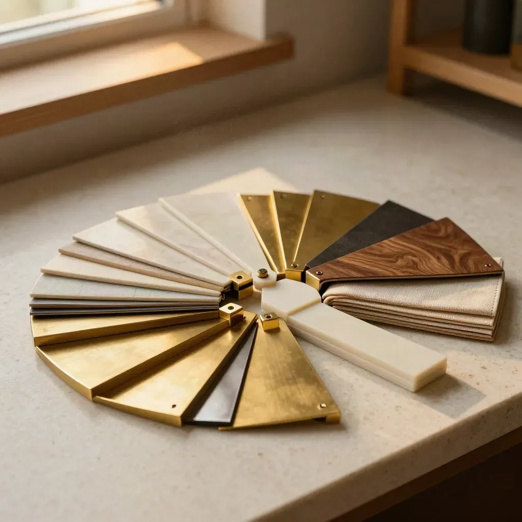 Branched licensing path made of swatches, brass markers, and modular samples on travertine.