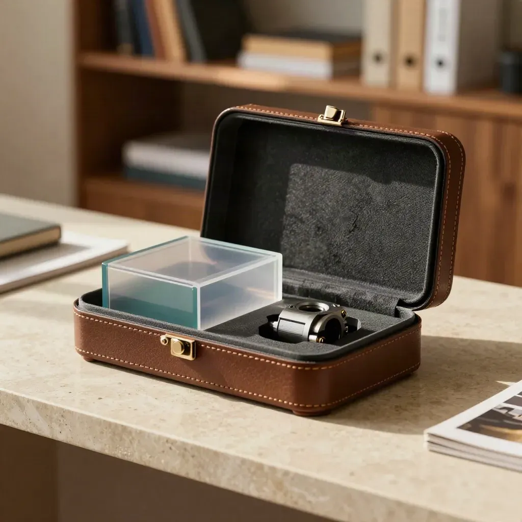 Funding pack with case, data-room cube and prototype component on a limestone bench