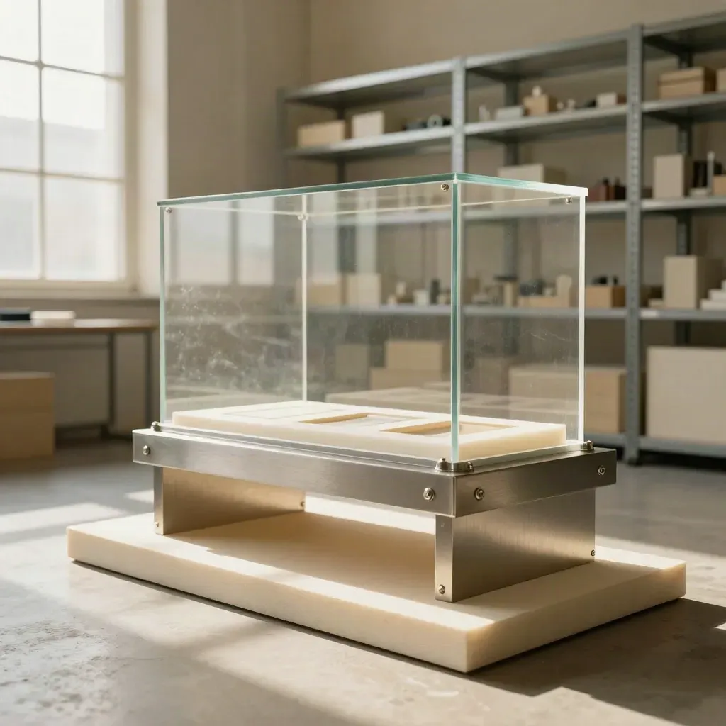 Patent valuation display setup with prototype enclosure and archival supports in a lab-archive space