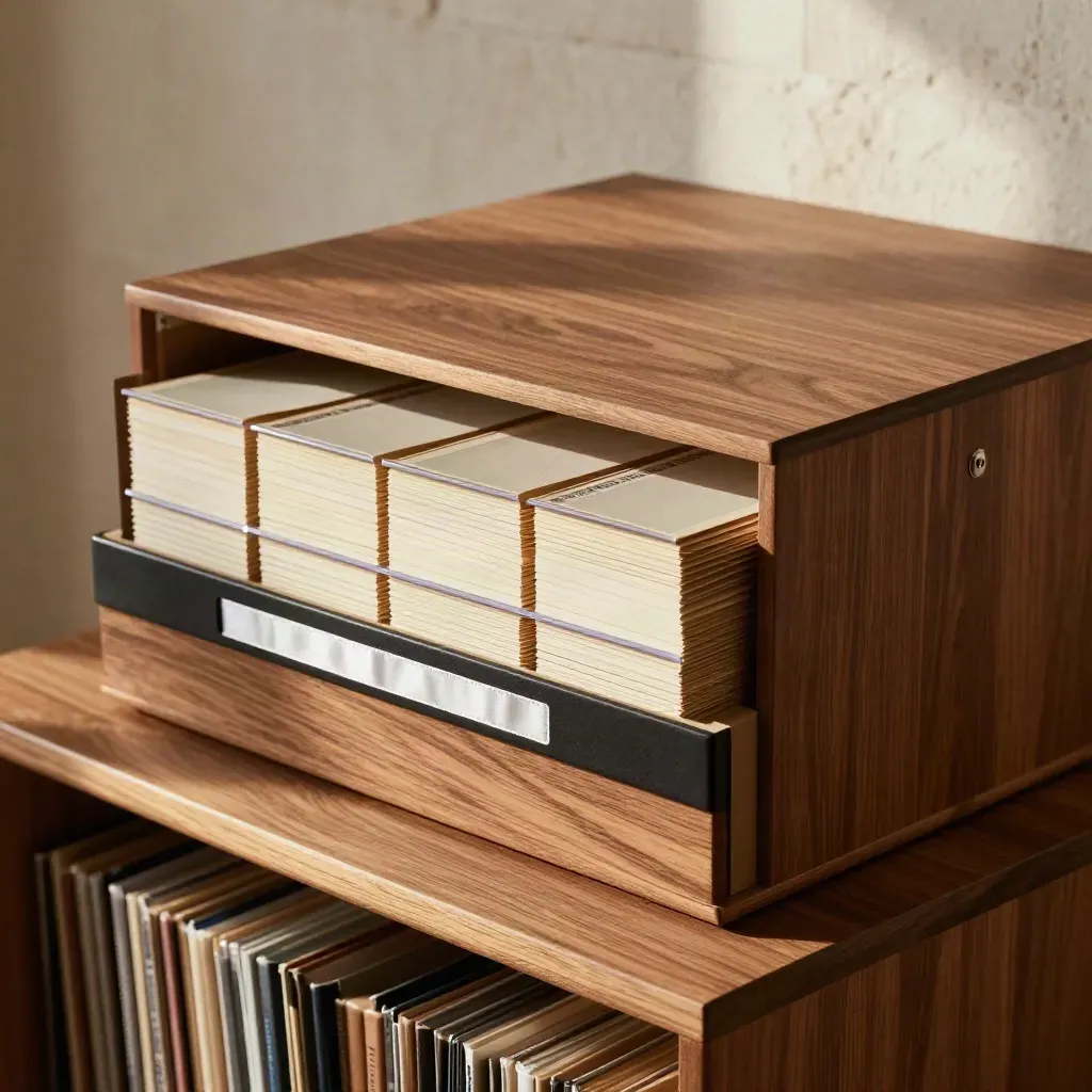 Archive boxes and face-down evidence sleeves aligned on a matte bench in bright cool light.