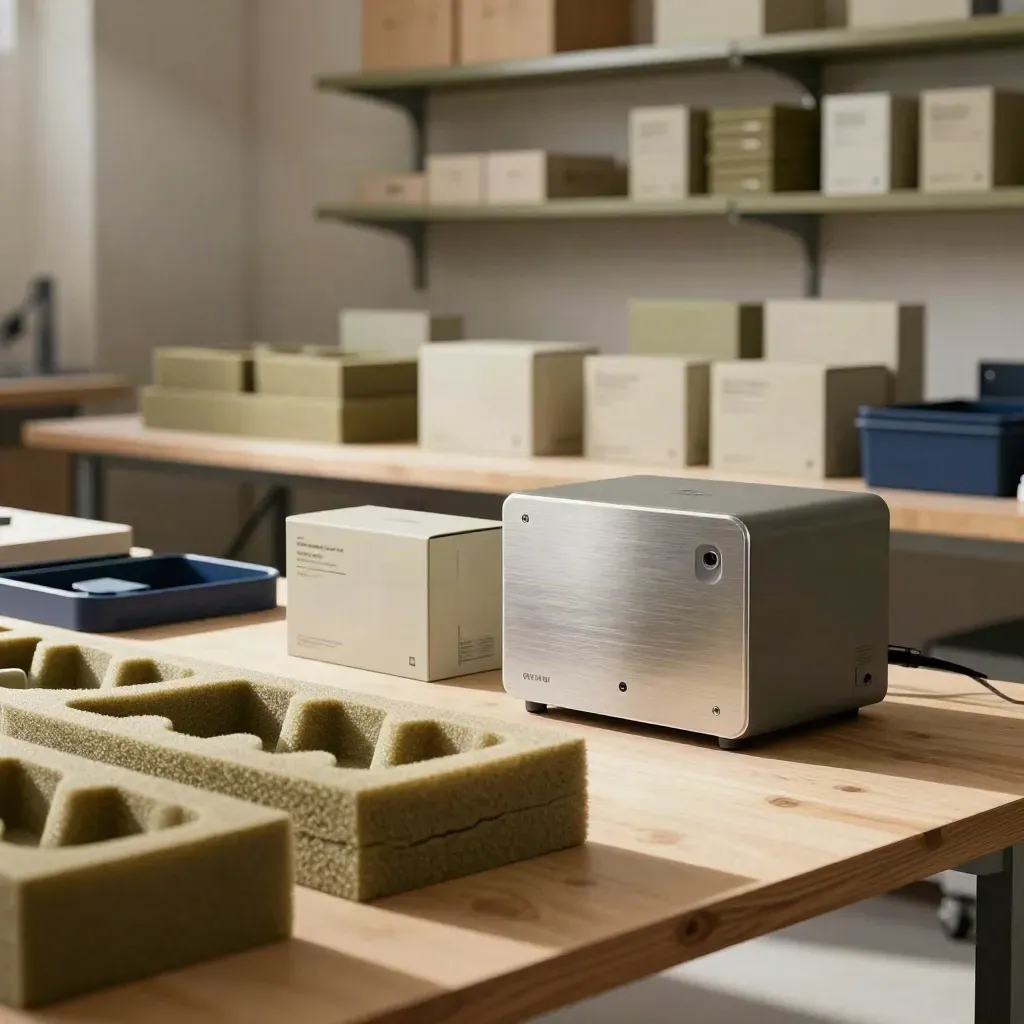 Prototype device with packaging mockups, shipping foam, and shelf-ready sample units in a workshop