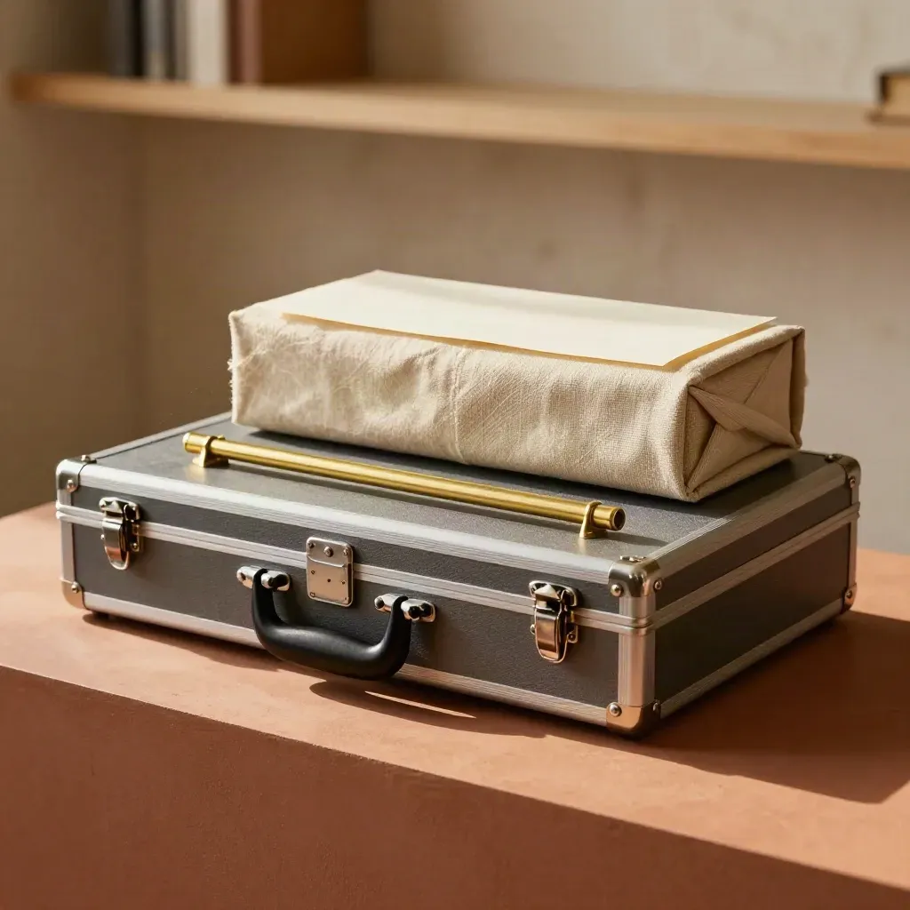 Sealed deal-closing case with brass bar, clips and archival box on a terracotta plinth
