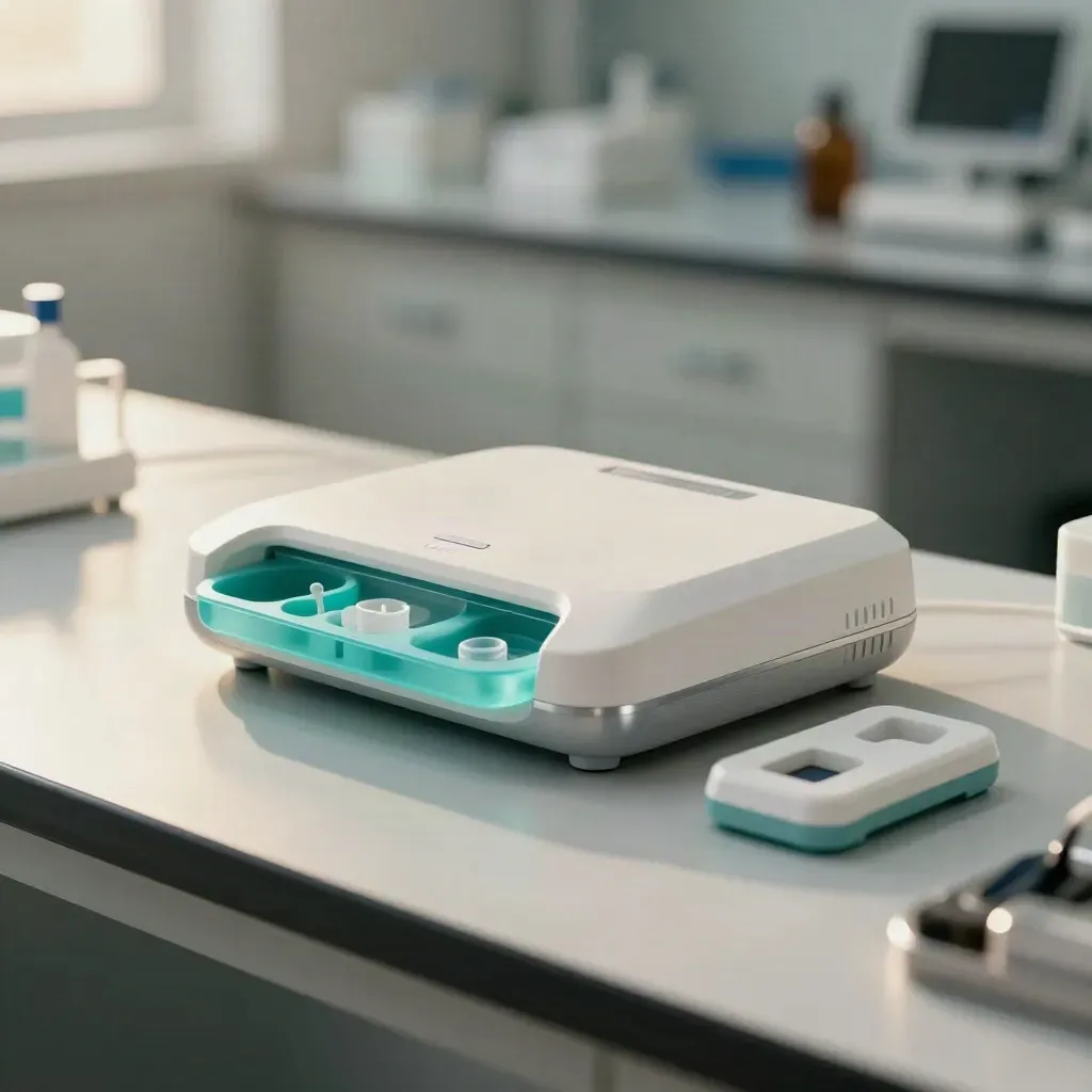 Medtech prototype on a lab counter beside a calibration cradle and sterile inserts.
