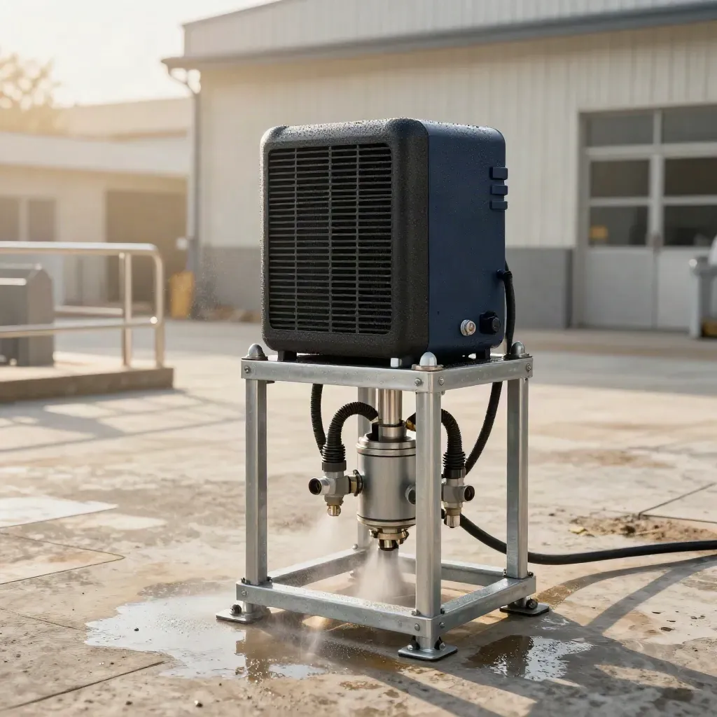 Climate hardware unit on a test stand in mist, with hoses and wet concrete.