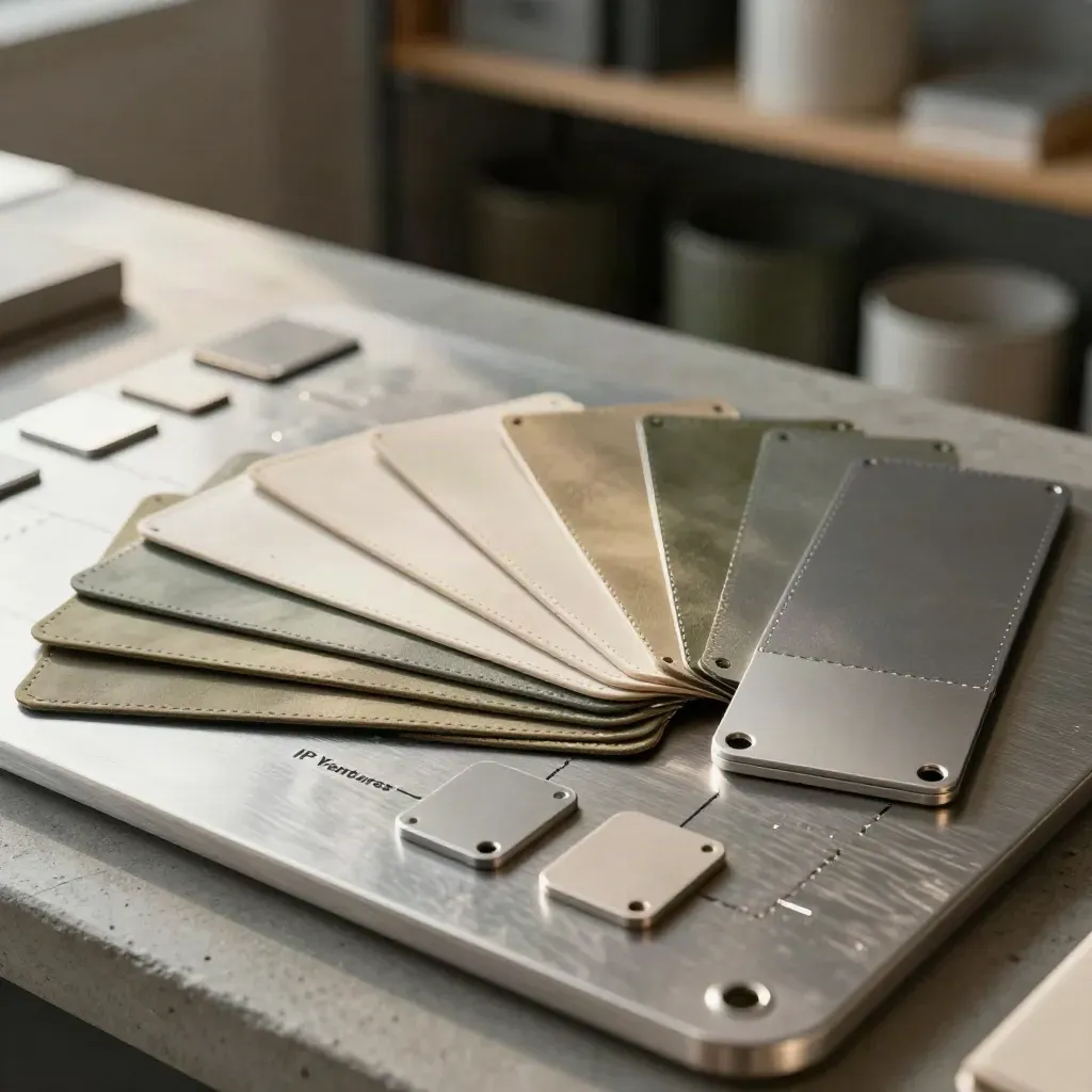 Licensing swatches, product shells and route tokens on a brushed metal tray in soft light.