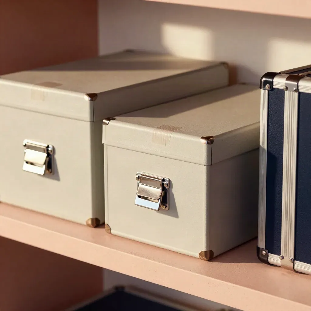 Sealed archive boxes and an evidence case arranged in a crisp due-diligence grid.