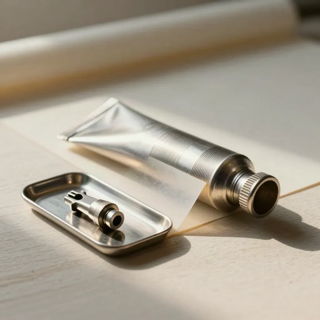 Patent tube, archive sleeve and prototype fragment on pale wood in soft side light.