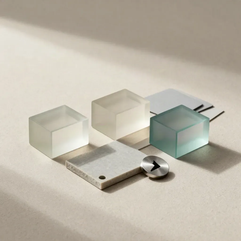 Minimal route blocks, token and stone tile forming a strategic path on plaster.