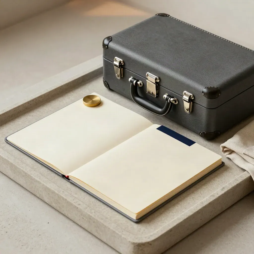 Stone tray with a lockable deal case, clipped folders, brass seal and folded linen