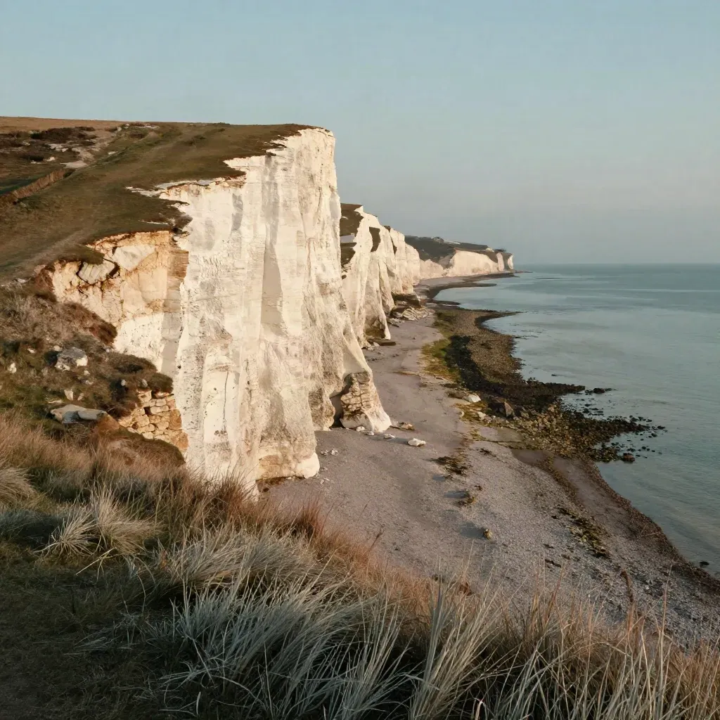 White cliffs above a hazy calm sea at golden hour, with open space below.