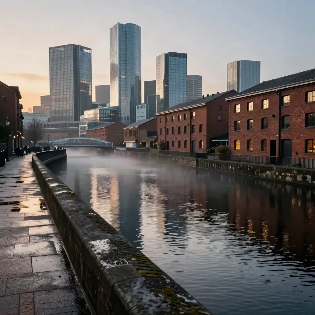 Birmingham canal and skyline at blue hour from a high bridge, misty water and glowing city lights
