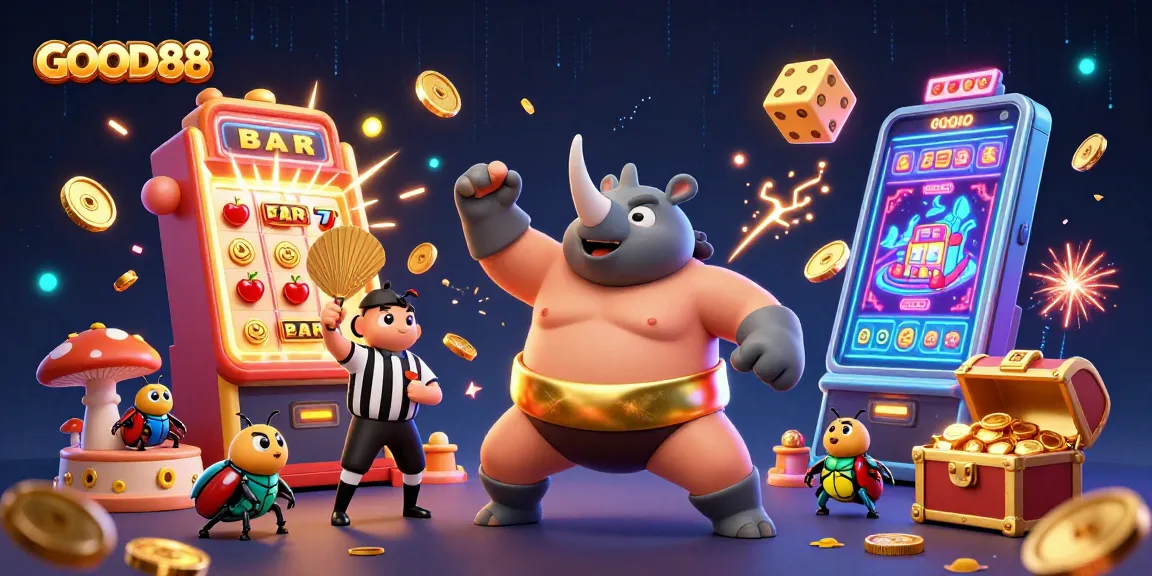 Experience the excitement of GOOD88 with a dynamic casino scene featuring legendary characters amid flying coins.