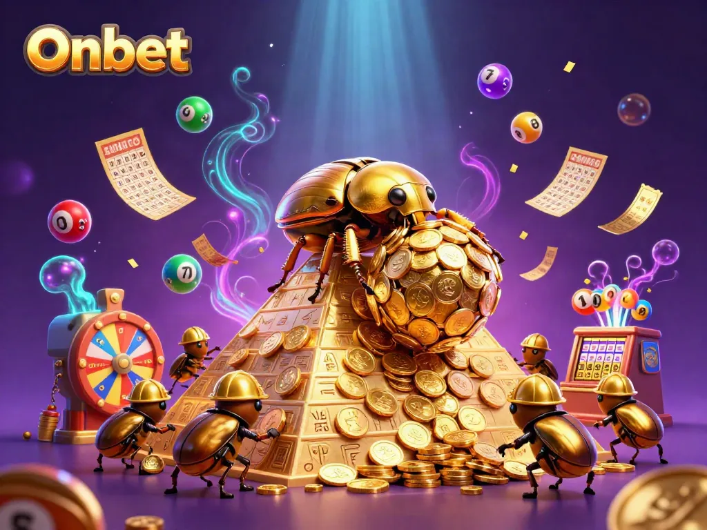 Engage with Onbet's vibrant casino atmosphere featuring playful golden beetles amidst lottery elements.