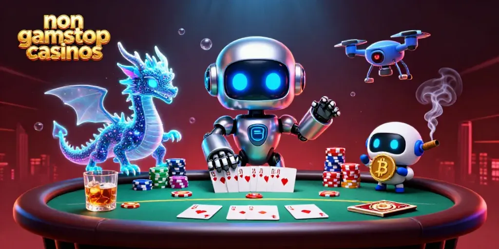 Experience thrilling gameplay at non gamstop casinos with a vibrant robot mascot in a poker scene.