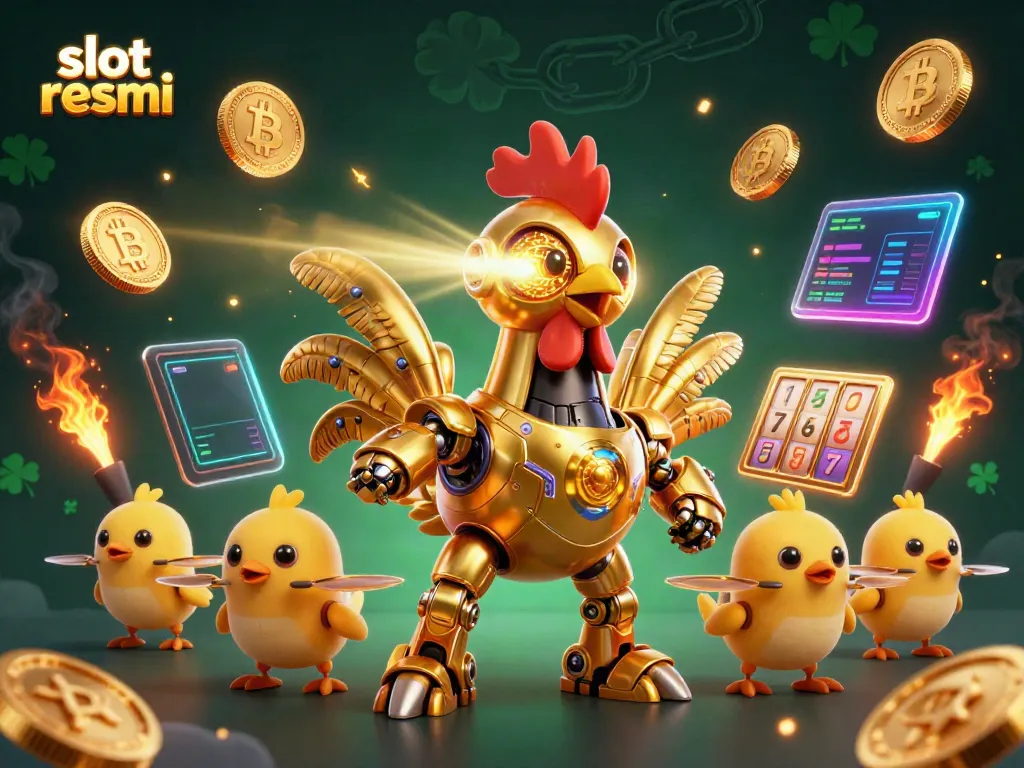 Engage with slot resmi in an ultra-detailed 3D scene featuring a golden rooster robot and crypto elements.