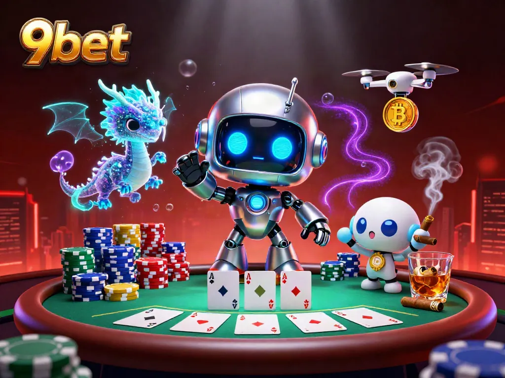 Experience the thrill of 9bet with a vibrant casino scene featuring dynamic characters and poker elements.