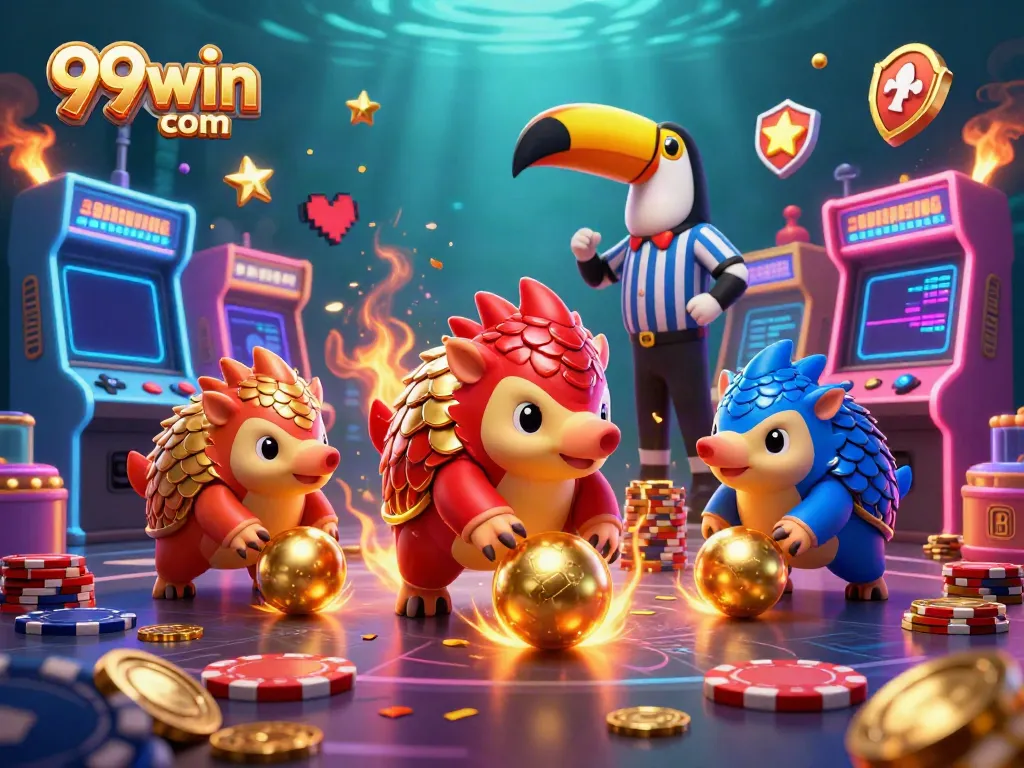 Compete in vibrant 3D illustration with 99win com pangolins and casino elements for thrilling online gaming.